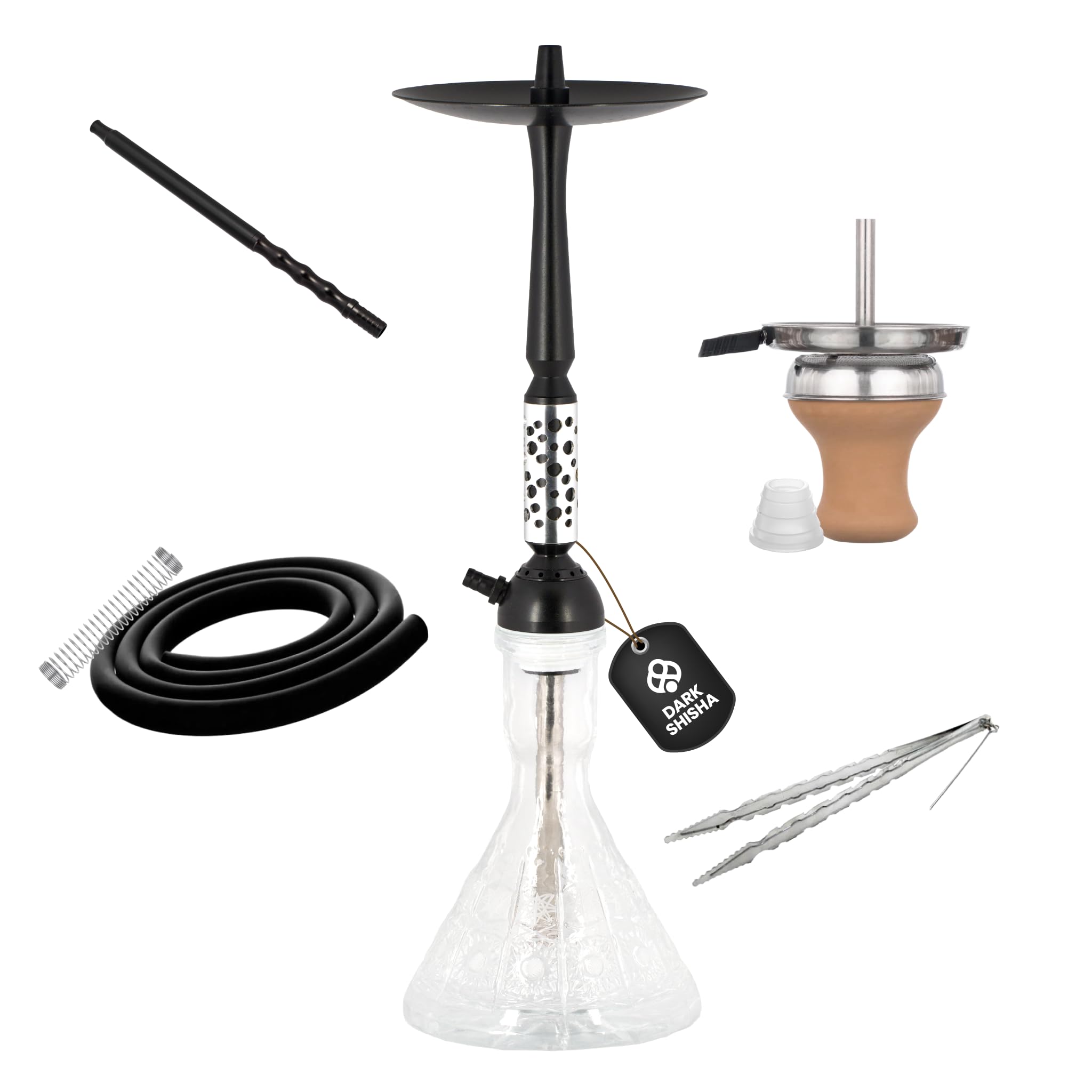 Dark Shisha Cachimba Vortex 60 cm | Cachimba de Aluminio Negro con Cazoleta de Barro, Chimenea Metálica, Manguera de Silicona y Accesorios Completos