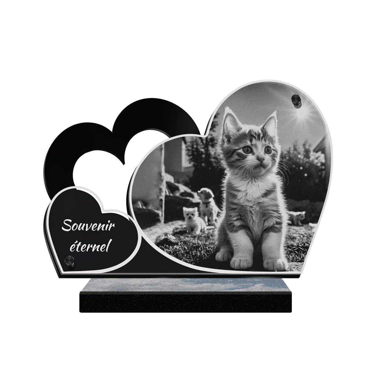 ETERNEL - Plaque Funéraire Personnalisée Double Cœur - Chaton, Chat, Animal - Texte Personnalisable, Plaque Funéraire Gravée au Laser pour Hommage, Plaque Tombale, Mortuaire, Cérémonie, Commémoration