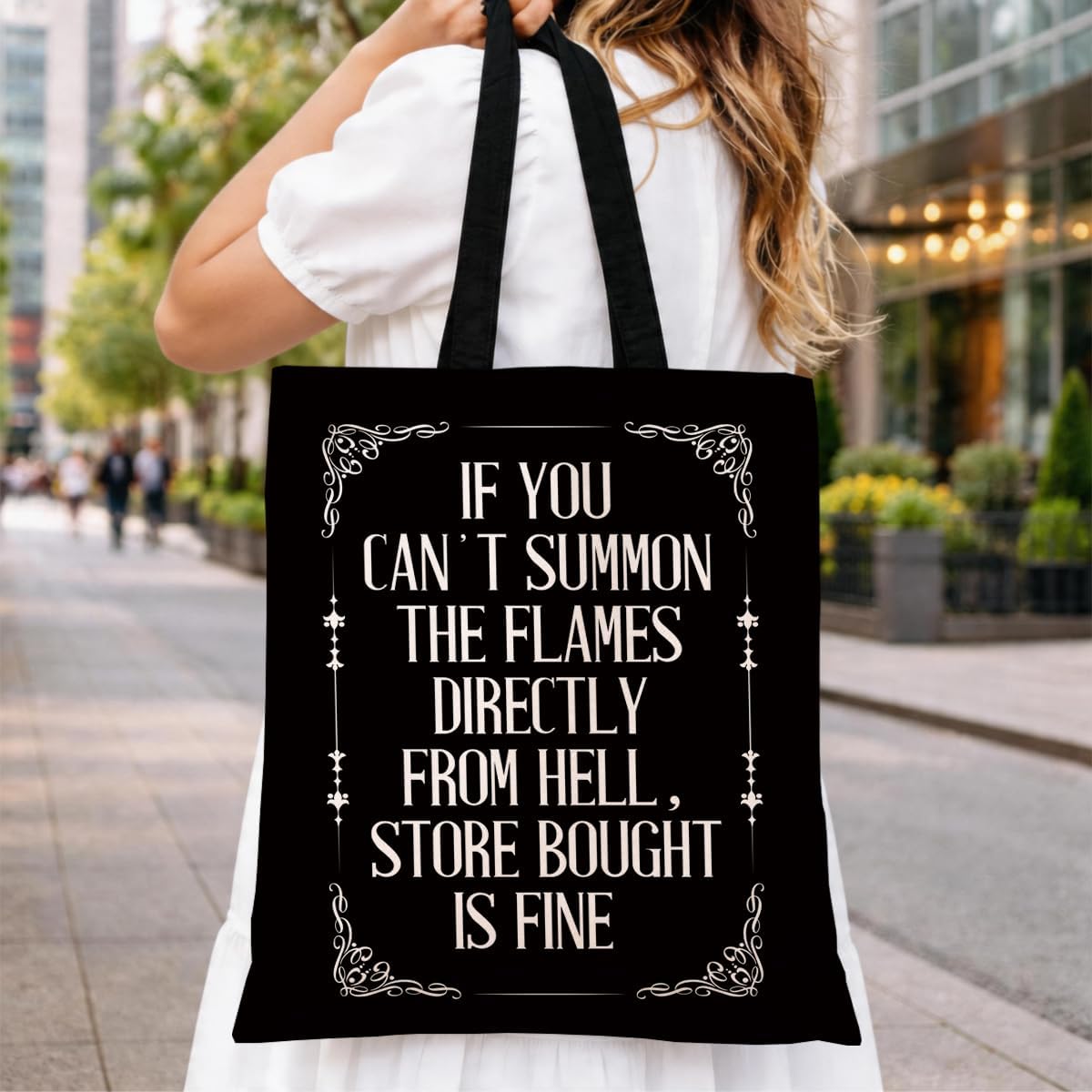 Funny Gothic Canvas Tote Bag, If You Can’t Summon The Flames Directly From Hell Store Bought Is Fine, Reusable Magical Shoulder Bag, Carryall for Daily Shopping Library Travel Commute