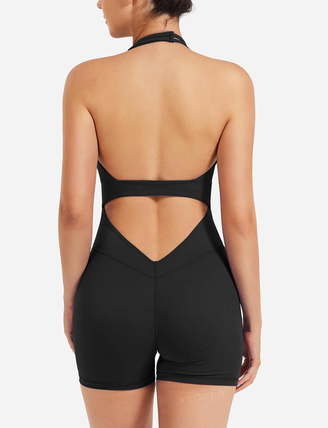 YEOREO Women Halter Workout Jumpsuits One Piece Backless Bodycon Bodysuits Hidden Scrunch V Back Yoga Joceline Short Romper - Image 4