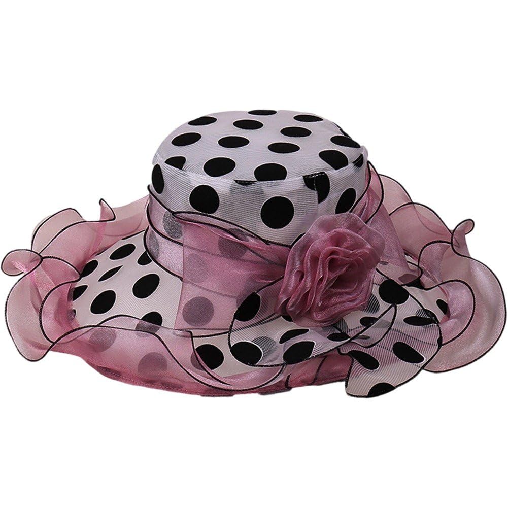 Fituenly Women's Pink Organza Sun Hat For Church Dress Hat Fascinator, Wide Brim Polka Dots Bridal Tea Party Wedding Hat