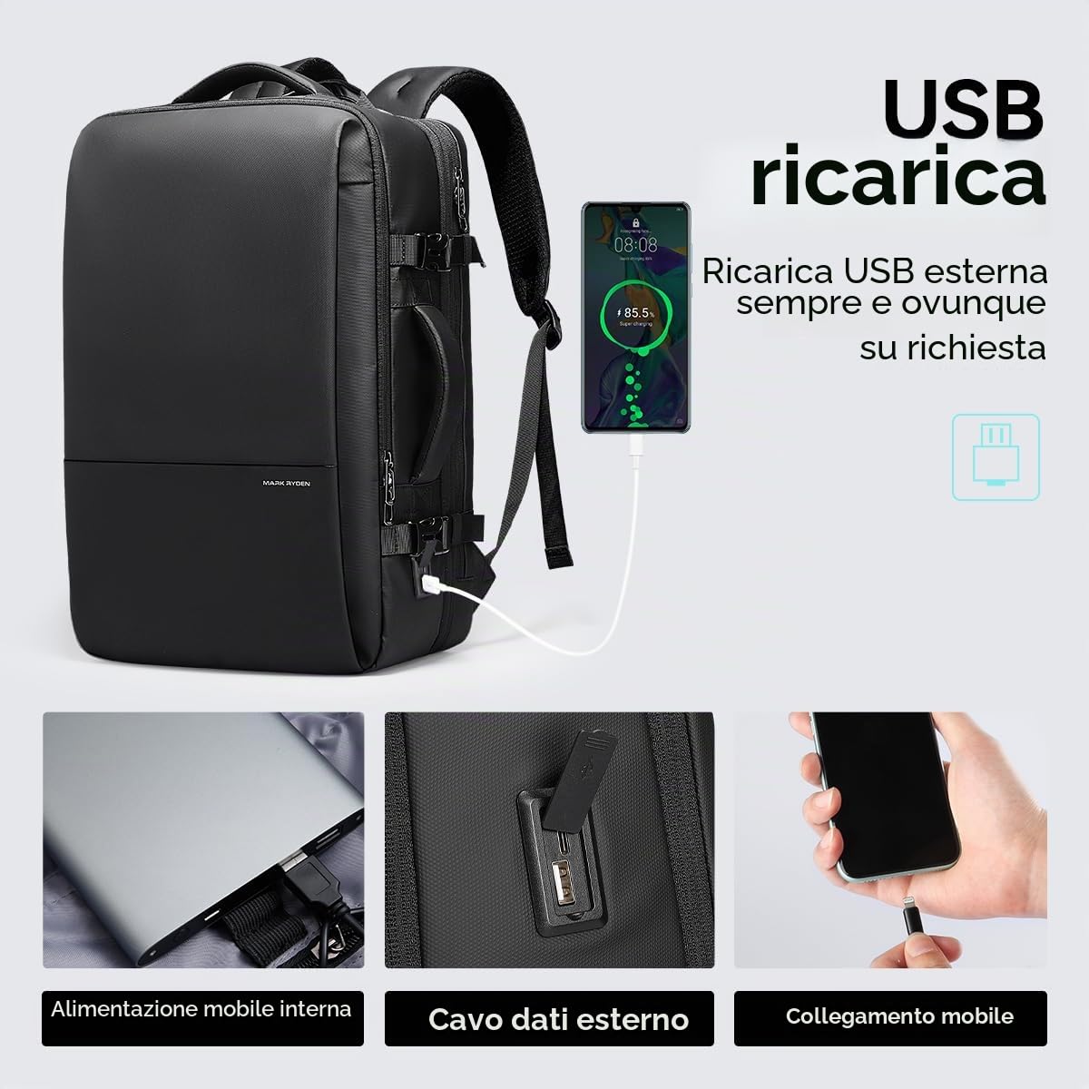 MARK RYDEN 30-45L Zaino da viaggio per affari, borsa a tracolla espandibile, zaino multifunzionale per l'umidità e l'asciutto, borsa per computer da 17,3", borsa a mano