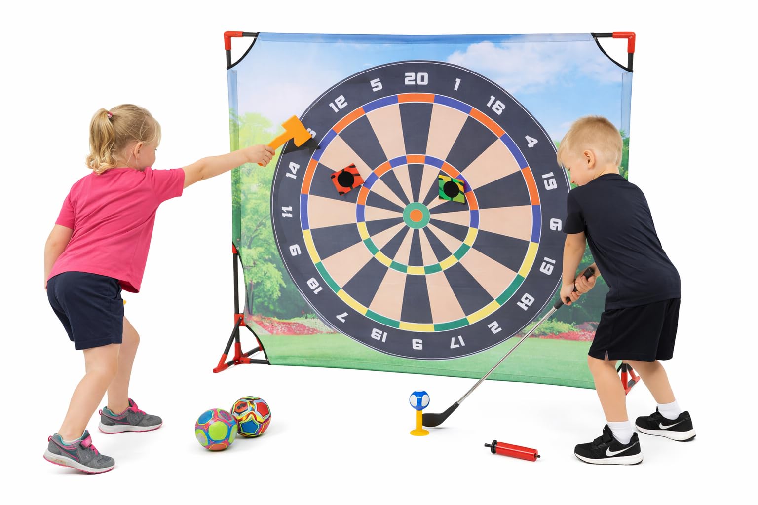 4-in-1 Giant Bullseye Kids Sports Target Dart Net Game Set, Soccer, Golf, Football and Axe Throwing, Sticky Net, Ages 3+