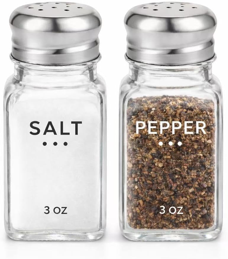 HESSION Salt Shaker and Pepper Shaker Set of 4, Refillable Glass Spice Shakers with Holes and Lids, Stainless Steel Spice Dispenser, Modern Kitchen Decor Seasoning Containers for Dining Table (3oz)