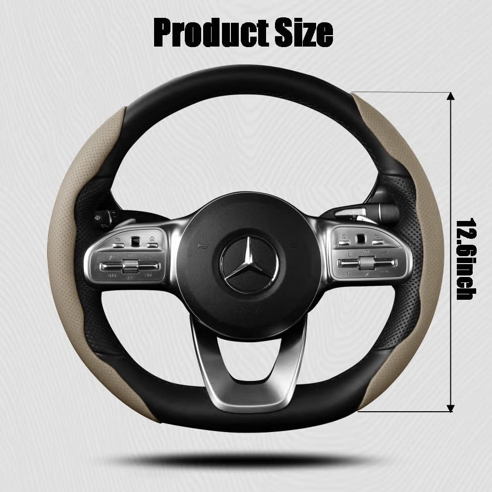 Image of AutoBizarre Car Anti Skid Non Slip Beige Leather Steering Wheel Grip Covers Decoration Universal for All Cars - Set of 2 pcs