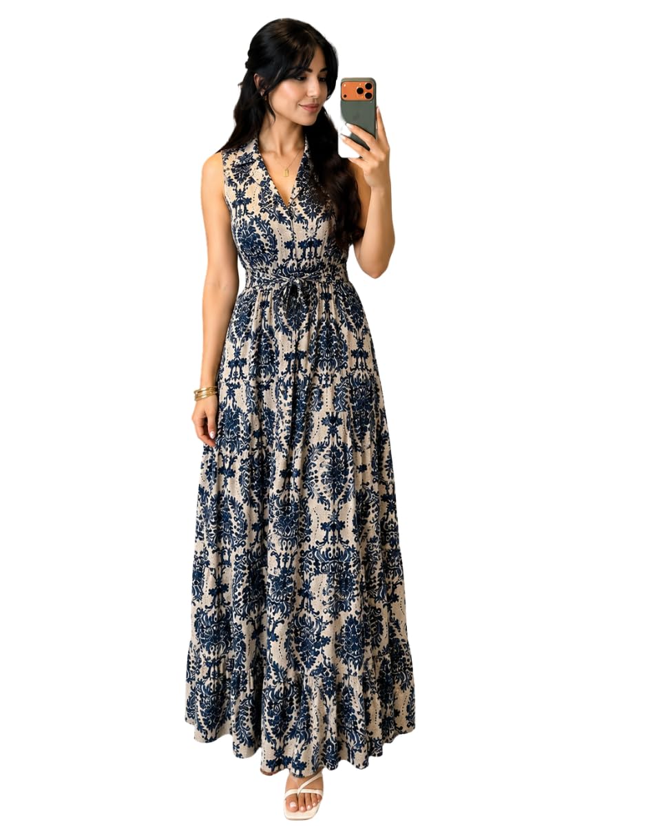 Women's Floral Printed Rayon Tiered Midi Dress | Sleeveless Collared Fit & Flare Dress with Waist Tie Belt | Soft Breathable Casual Summer Dress for Women-image-7