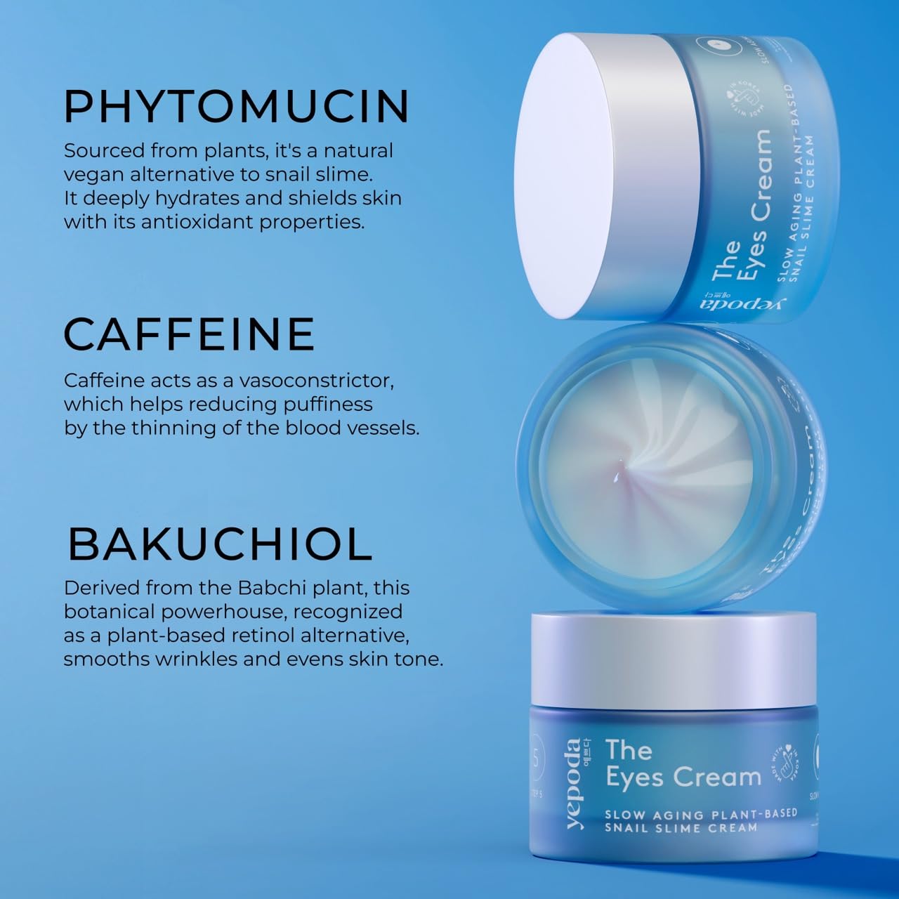 Yepoda The Eyes Cream, crème contour des yeux hydratante avec alternative végétale à la bave d’escargot. Décongestionne et hydrate intensément. Végan, pour tous types de peau, 15 ml.