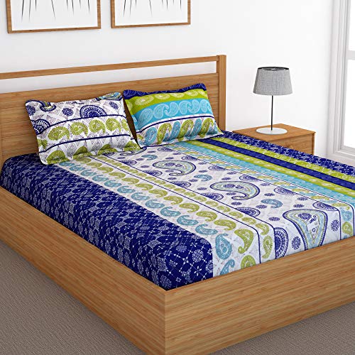 Image of Story@Home 120 TC 1 Bedsheet for Double Bed Cotton with 2 Pillow Covers, Paisley Pattern, Blue & Green
