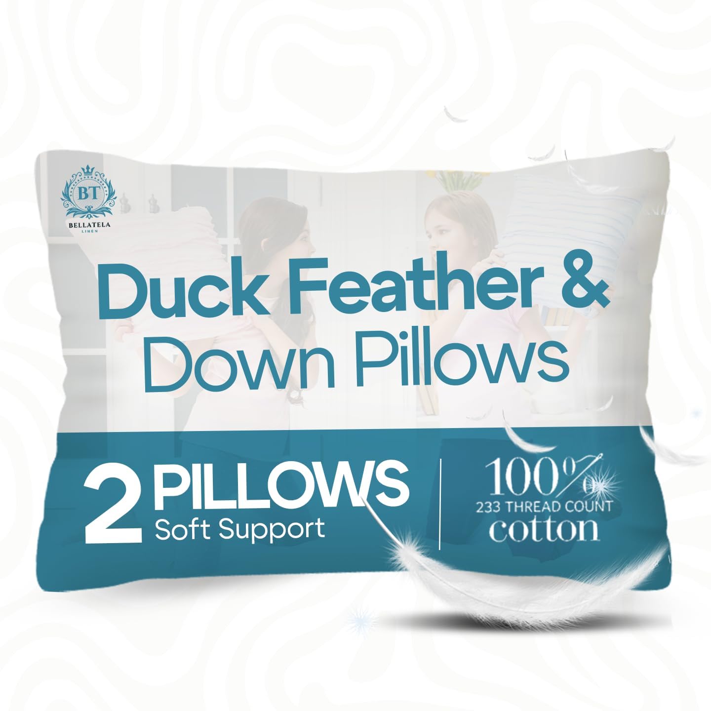 Bellatela Soft Duck Feather Pillows 2 Pack (48x74) | Plush Down Pillows - Support Neck & Back - Front Sleeper - Washable & Hypoallergenic