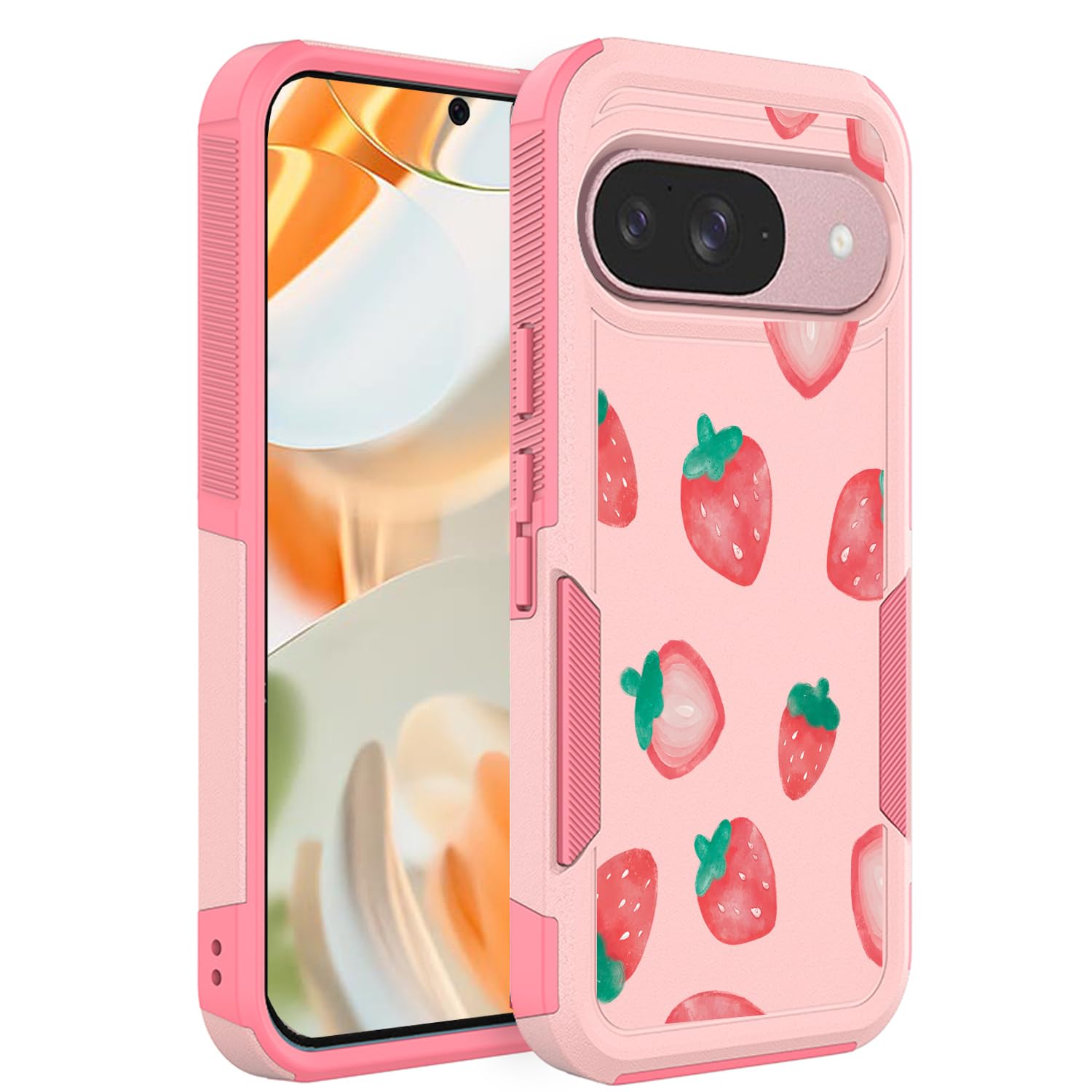for Google Pixel 9/9 Pro & 10/10 Pro Case: Cute Flowers Floral Design for Girls Women Slim Soft TPU Bumper Shockproof Silicone Cell Phone Cover (Pink Strawberry)