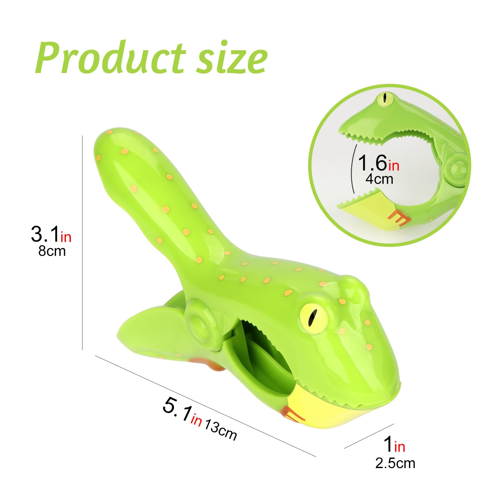 CAIRIAC Frog Beach Towel Clips, Windproof Plastic Clothespins for Beach Pool Chairs, Animal Towel Laundry Clips for Home, Green Towel Clips for Lounge Chairs, Beach Clips for Towels (4 Packs, Green)