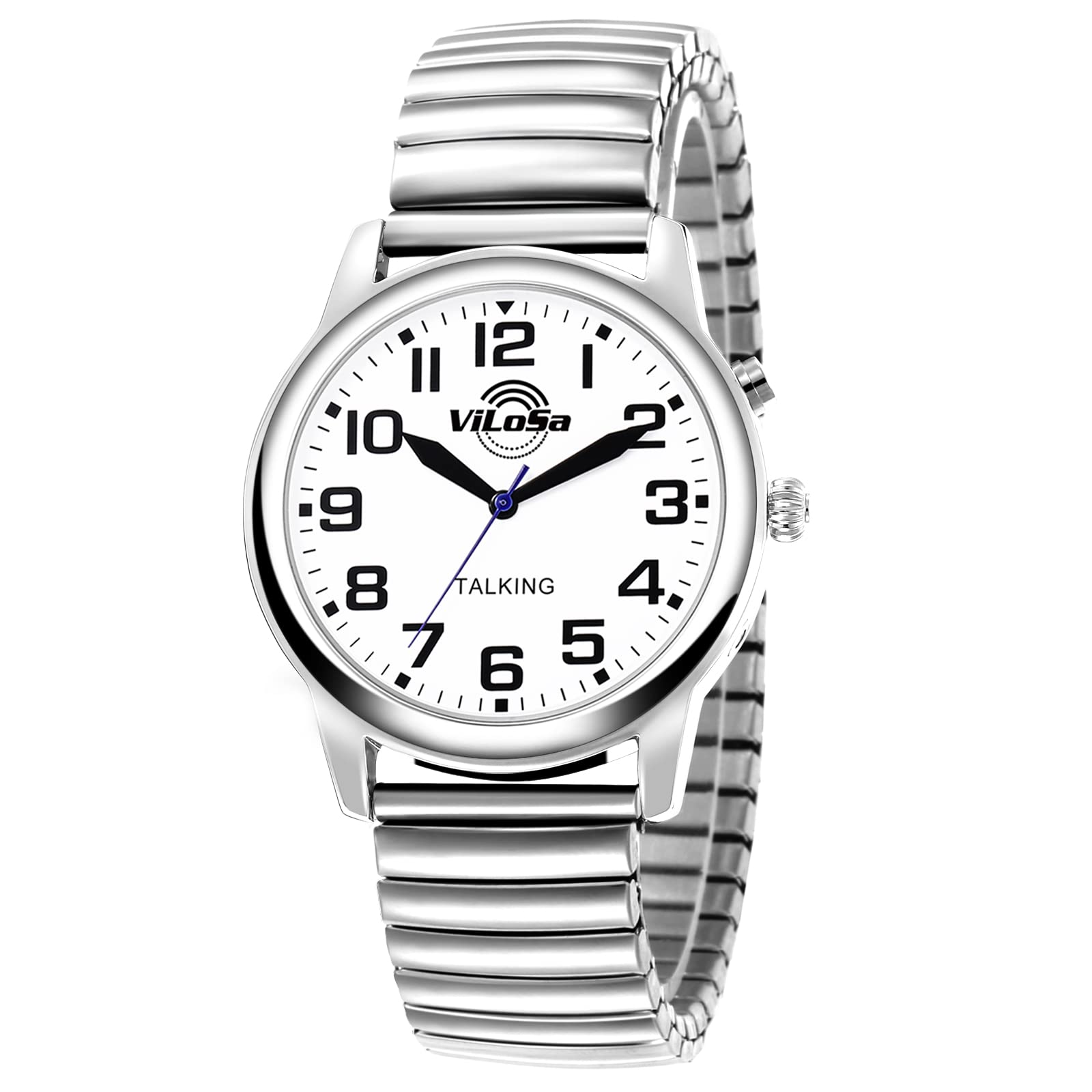 ViLoSaTalking Watch Speaks The Time, Date or Alarm Time for Elderly, Impaired Sight or Blind. White Face-Black Numbers-Expansion Band (Recommended for Men)