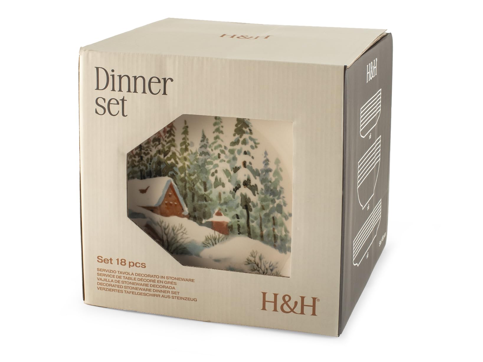 H&H Service de Table Noël 18 Pièces Symphony en Grès - Assiettes Plates, Creuses et à Dessert - Décorations Hivernales Élégantes avec Baies et Animaux, Idéal pour Noël et Fêtes de Fin d'Année