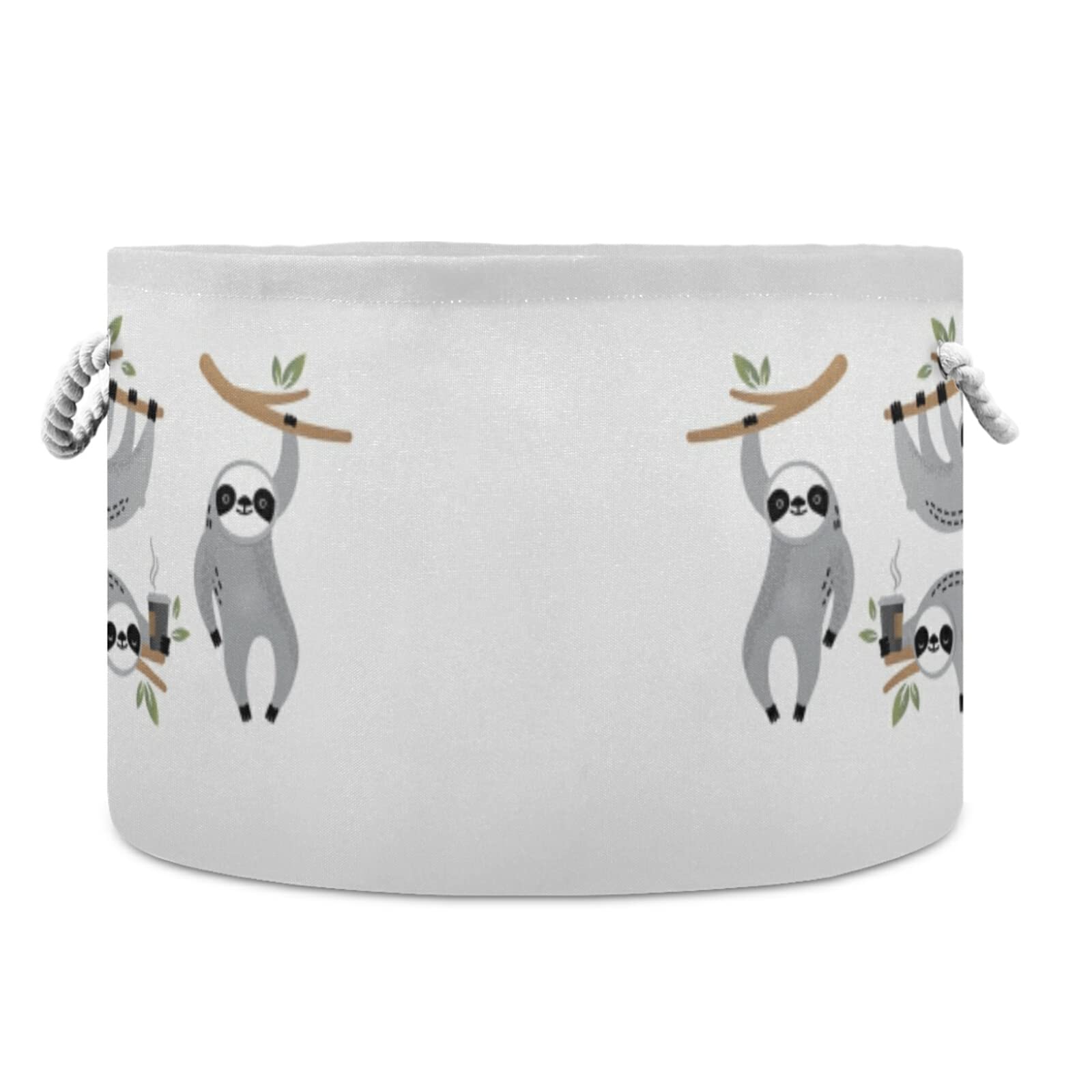 Oyihfvs Cute Grey Sloths on Tree Branches with Green Leaves on White Round Storage Basket Waterproof Print Collapsible Fabric Cube with Cotton Rope Handles Laundry Bag Organizer Toys Clothes for Room