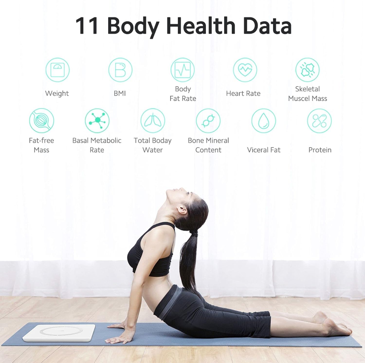 A woman performing a yoga pose with a diagram above her listing 11 body health data points: Weight, BMI, Body Fat Rate, Heart Rate, Skeletal Muscle Mass, Fat-free Mass, Basal Metabolic Rate, Total Body Water, Bone Mineral Content, Visceral Fat, Protein.