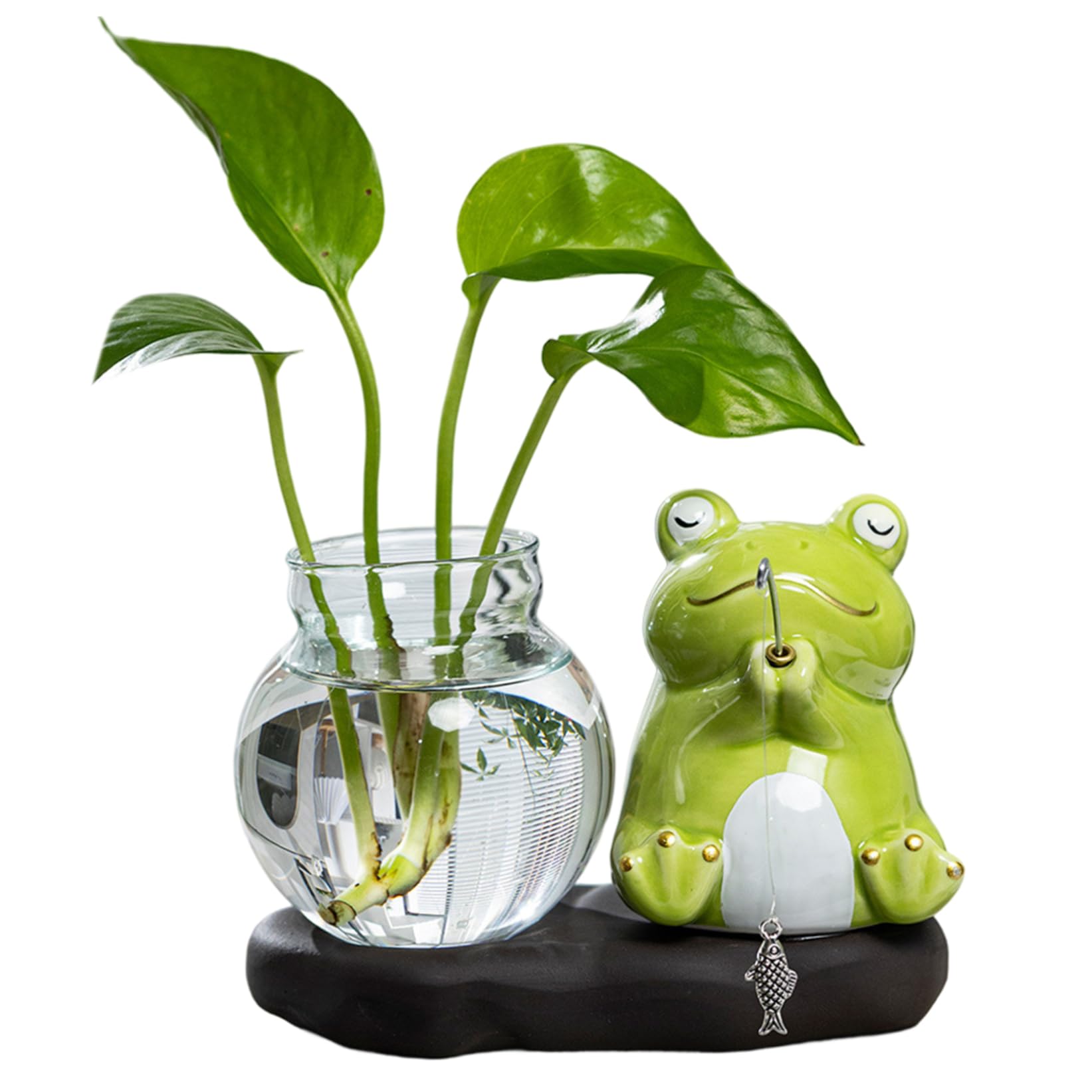 Striegro Glass Planter with Ceramic Stand, Cute Frog Fishing Propagation Vase for Plants, Hydroponic Planter for Indoor Home Office Desk Decor..