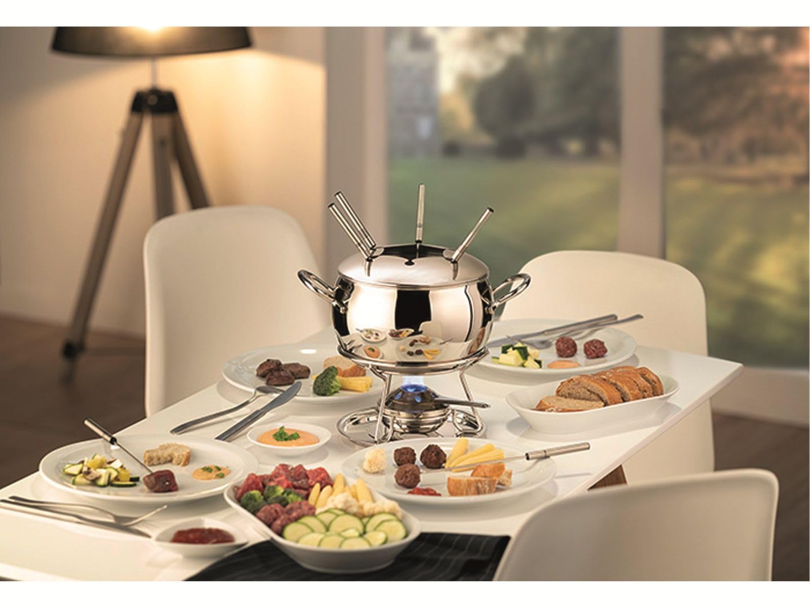 APS Fondue- und Feuerzangenbowle Set, Zuckerzange, Feuerzange, Fondue-Topf, Edelstahldeckel, hochglanzpoliert, Gestell, verchromt, Schöpfkelle, für ca. 2,2 Liter Flüssigkeit, Ø22 cm, 23 cm Höhe