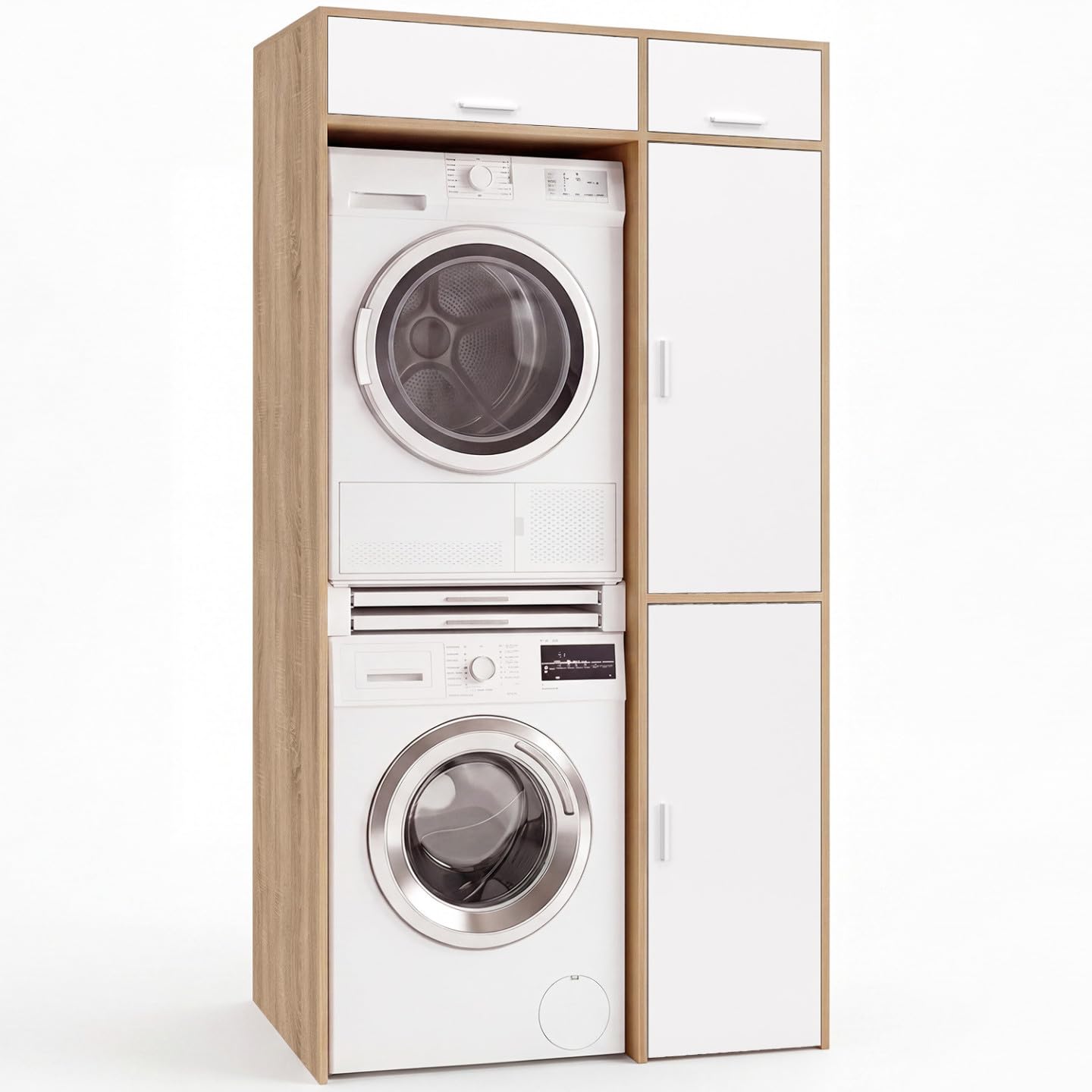 IDMarket Wallis - Mueble de lavandería, lavadora y secadora, con armario de almacenamiento, madera y blanco