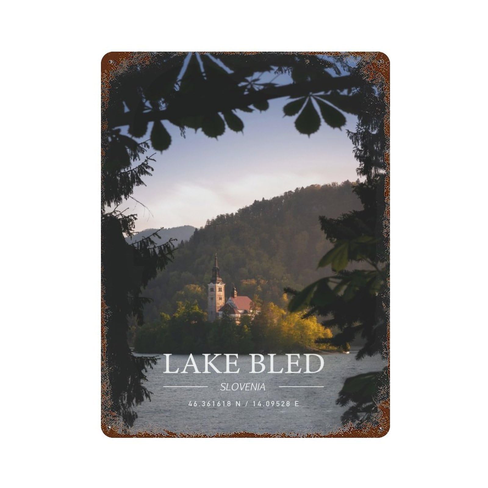 Garage Style LAKE BLED Rustic Tin Plaque 15.7"x11.8", Classic Wall Plaque for Bar And Workshop