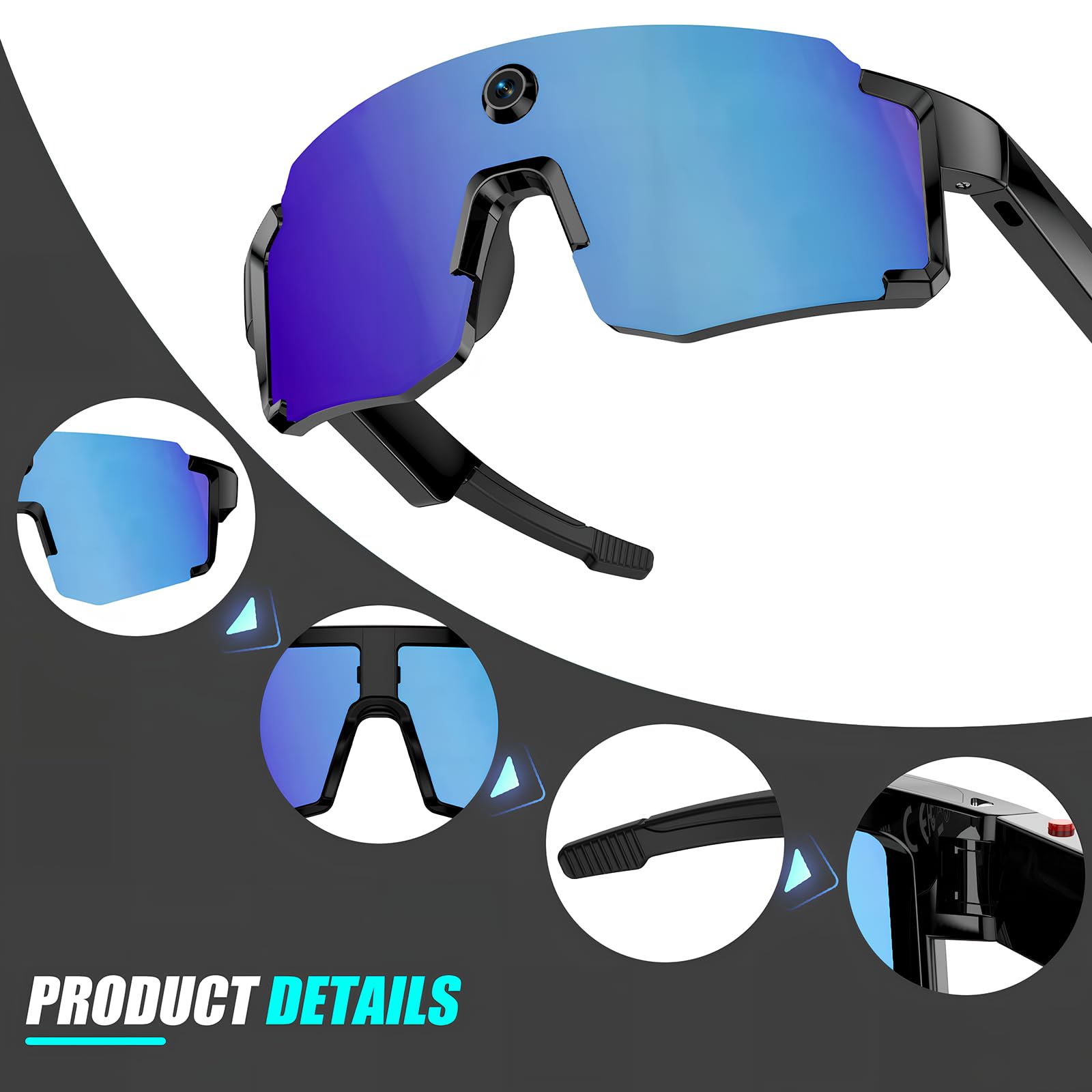 Gafas Inteligentes con Cámara de 8MP, Gafas de Sol Bluetooth para Ciclismo | Protección UV400,139 Idiomas para Traducción, Control de Voz, Cancelación de Ruido ENC, para Deportes Al Aire Libre