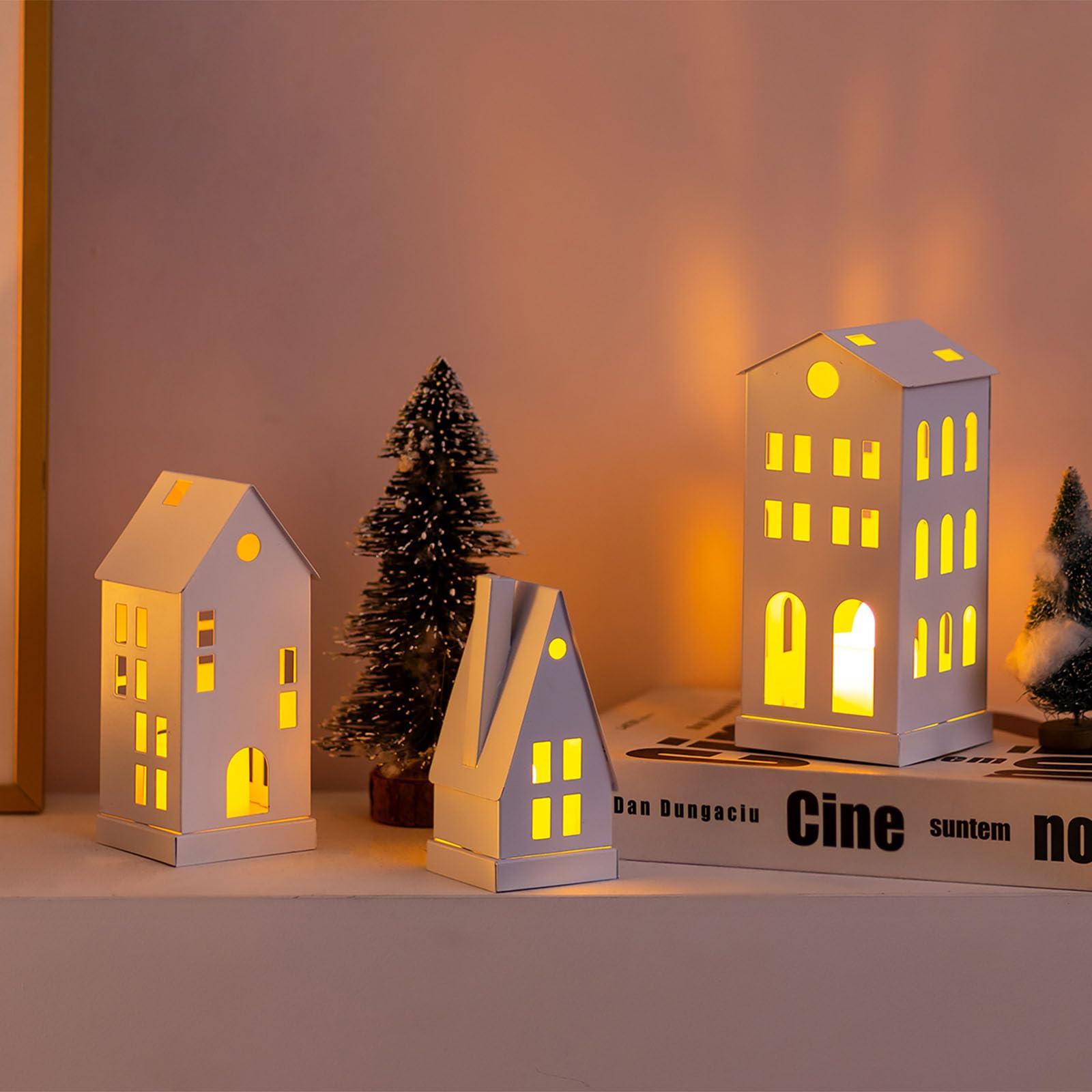 Sziqiqi Decorative Candle Lantern with LED Candles for Christmas Decor Small House Tealight Candle Holders Set of 3 - Image 3