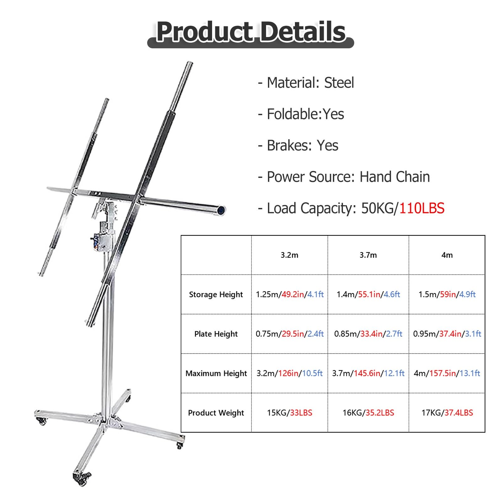 Easy Assembly Dry Wall Rolling Panel - Drywall Lift Panel Hoist Dry Wall Rolling Panel for Sheetrock, Construction Tools - 3.2m/3.7m/4m Heavy Duty Sheetrock Lift Construction Tools(3.7m/12.1ft)