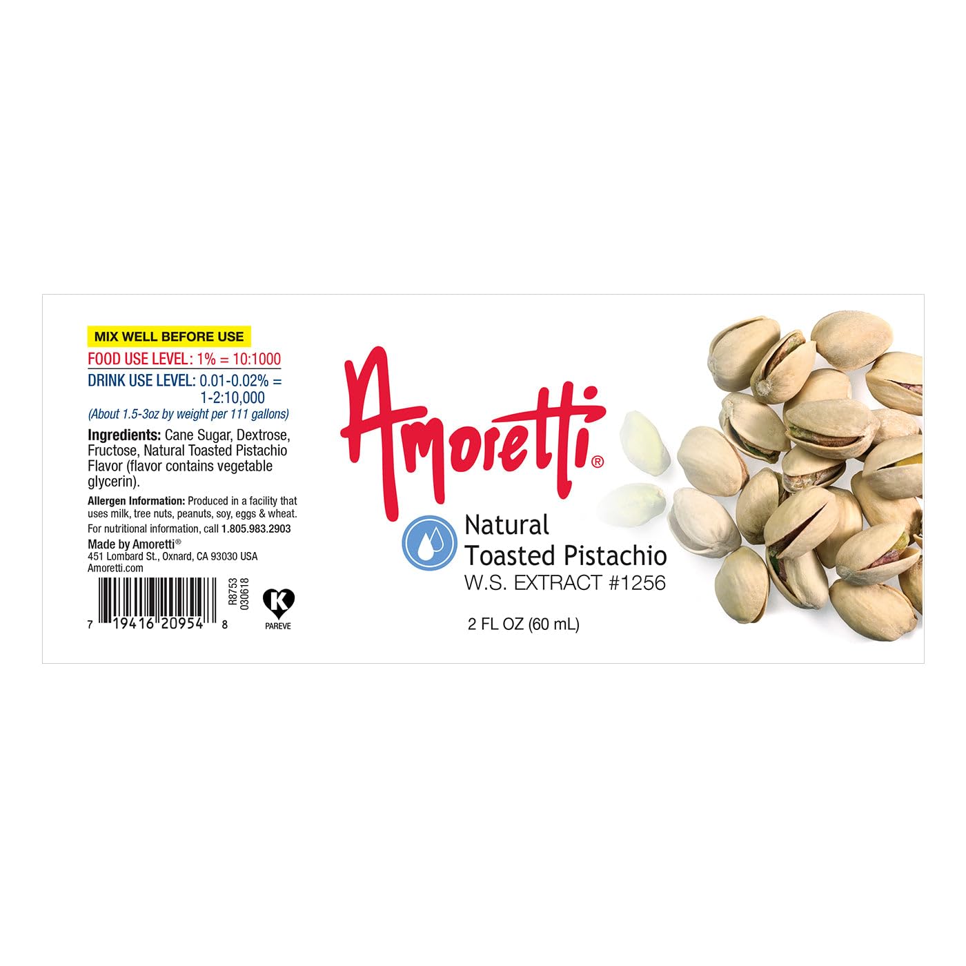 Amoretti - Natural Toasted Pistachio Extract Water Soluble 2 oz - Highly Concentrated & Perfect For Pastry, Savory, Brewing, and more, Preservative Free, Vegan, Kosher Pareve, Keto Friendly