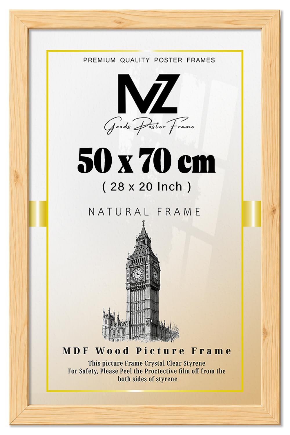 MZ GOODS | Classic Picture 28 x 20 Pine Poster Frame, Wood Finish, Portrait, (50 x 70 CM) - 1' 8" x 2' 4" Frame [ Pine ]
