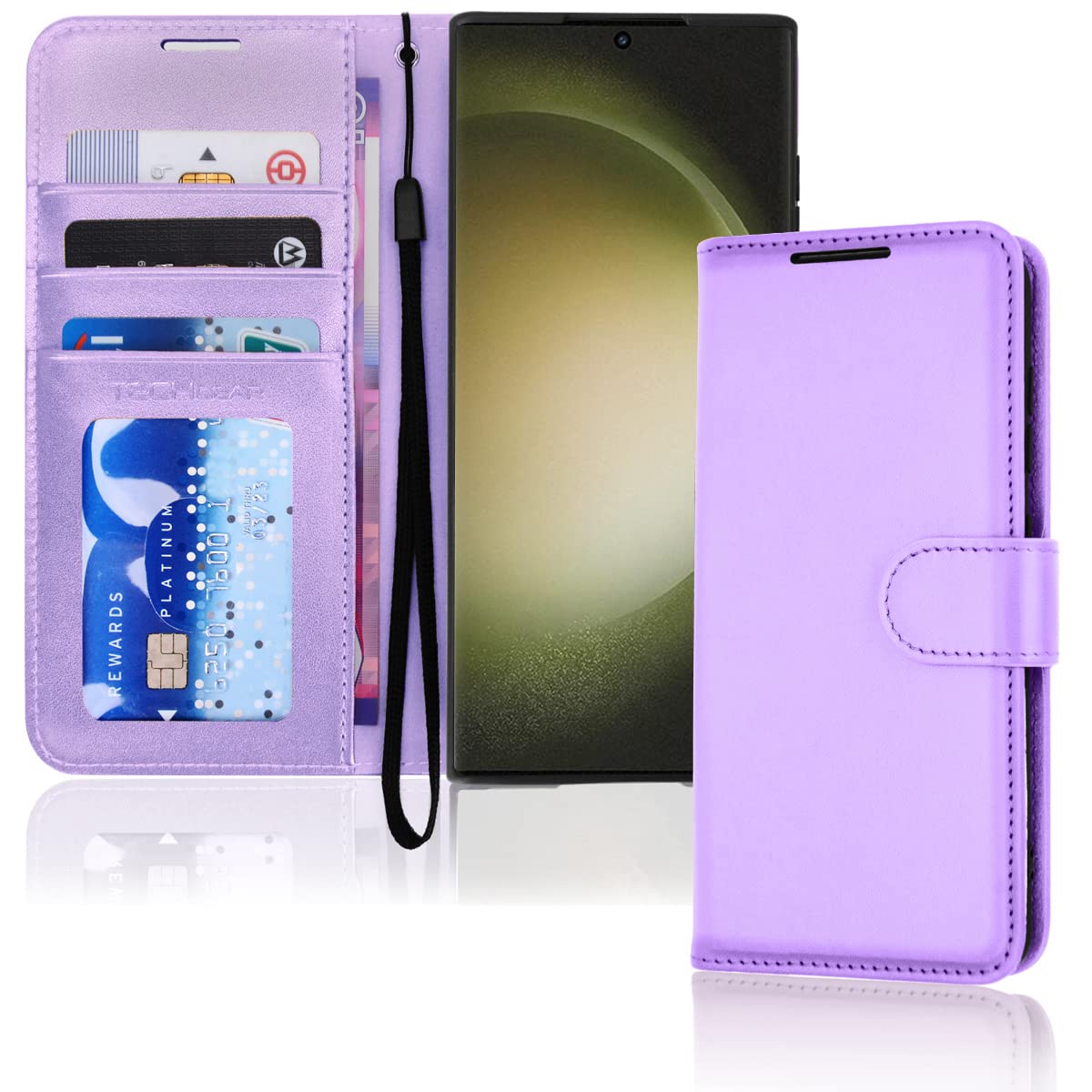 TECHGEARTECHGEAR Galaxy S23 Ultra Leather Wallet Case, Flip Protective Case Cover with Wallet Card Holder, Stand and Wrist Strap - Violet PU Leather with Magnetic Closure Designed For Samsung S23 Ultra 5G