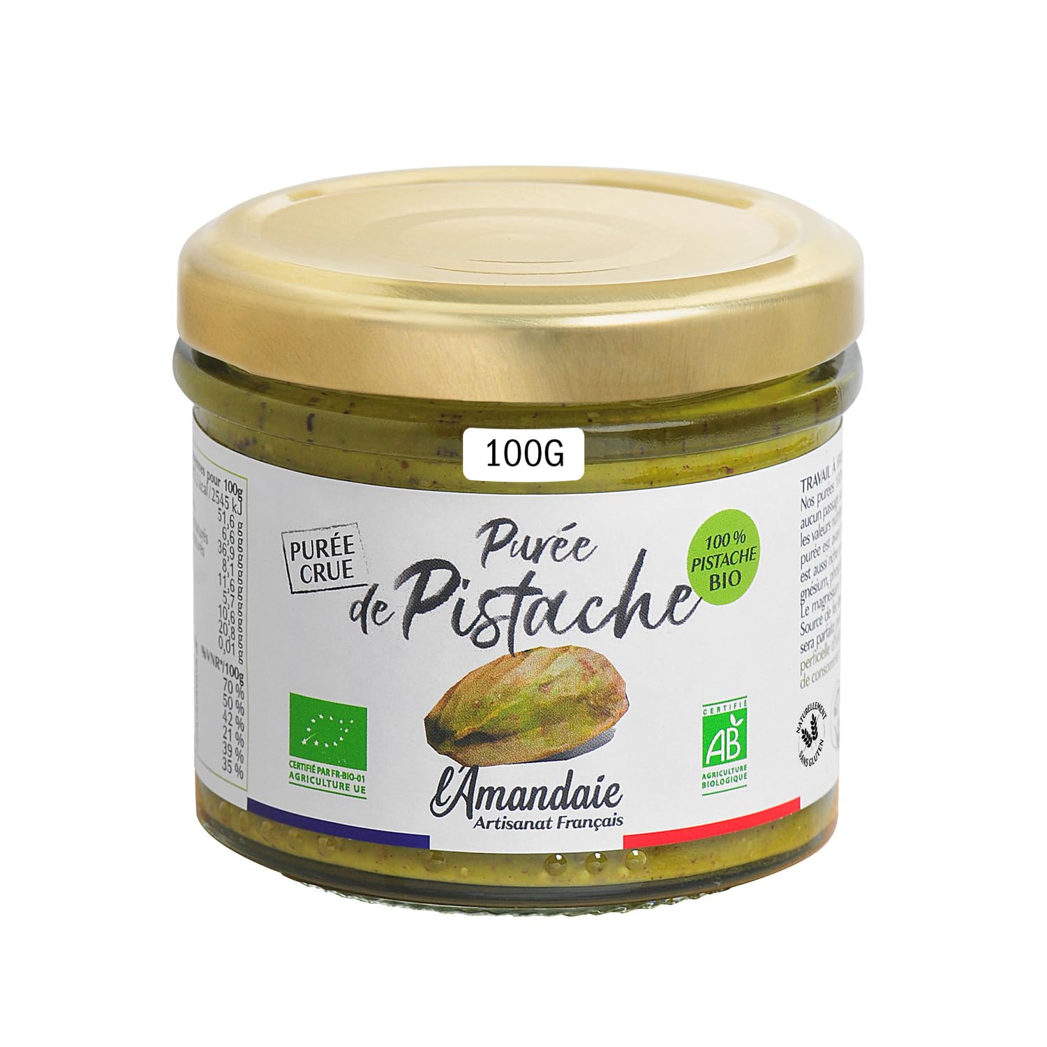 L'AMANDAIE Purée de Pistache Crue Bio 100 g — Pâte à Tartiner Artisanale Française Sans Gluten, 100% Fruit à Coque - Lot de 2