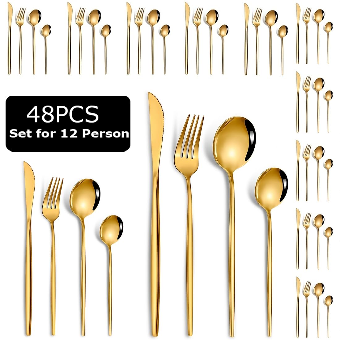 BonZeaL Gold Flatware Set - Luxury Stainless Steel for 12 -3