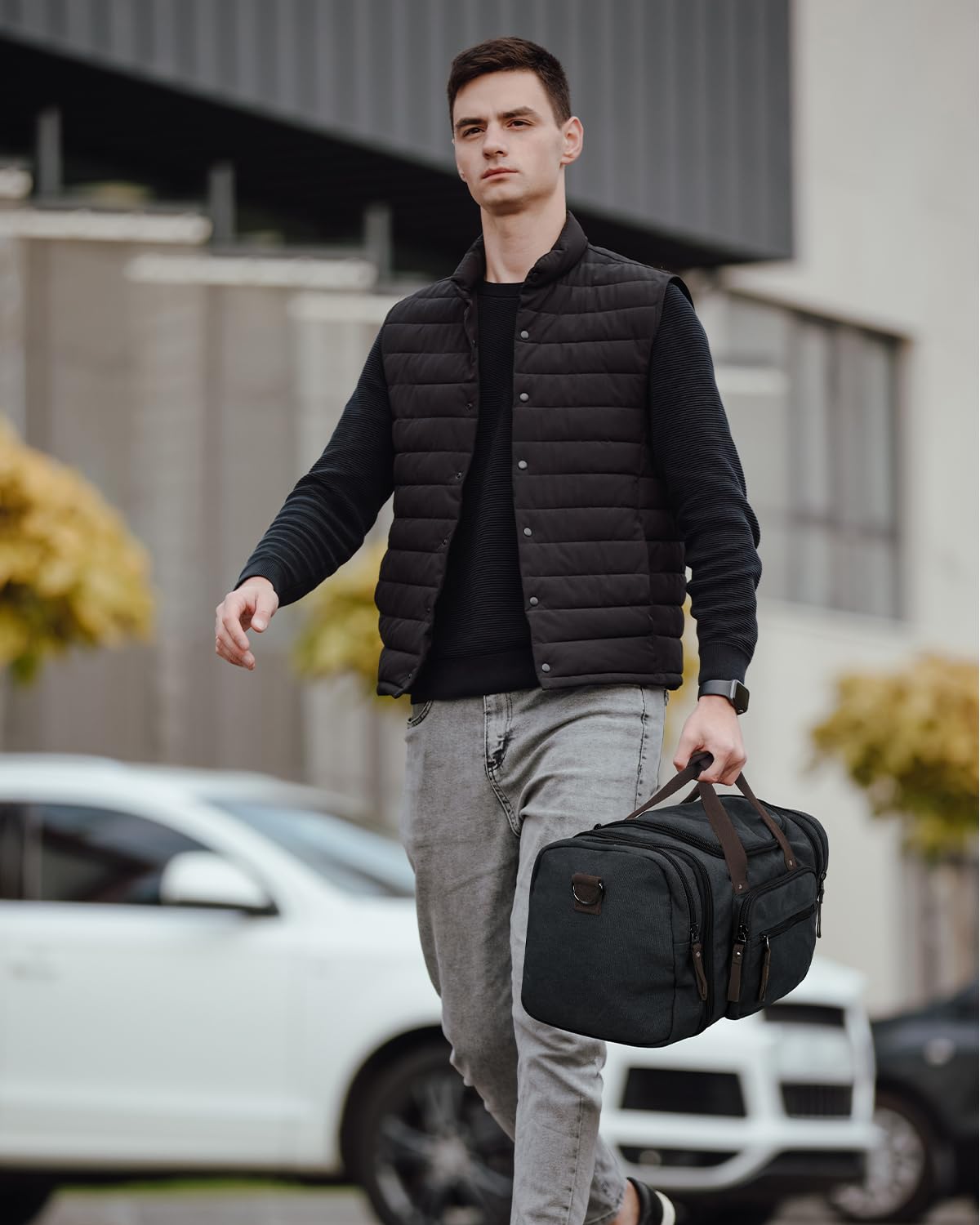 Bolsa de Viaje Expandible, 35-40L Bolsa de Viaje la Lona con Bolsillo múltiple, Grande Retro Weekender Bolsa de Deporte para Hombre, Negro