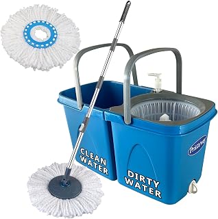 Primeway Plastic SS Twin Bucket Spin Mop with 2 Microfibre Refills 34cm Floor Cleaning Mop Stick with Bucket for Home Office Clean and Dirty Water Separate Buckets 6 LTR Blue