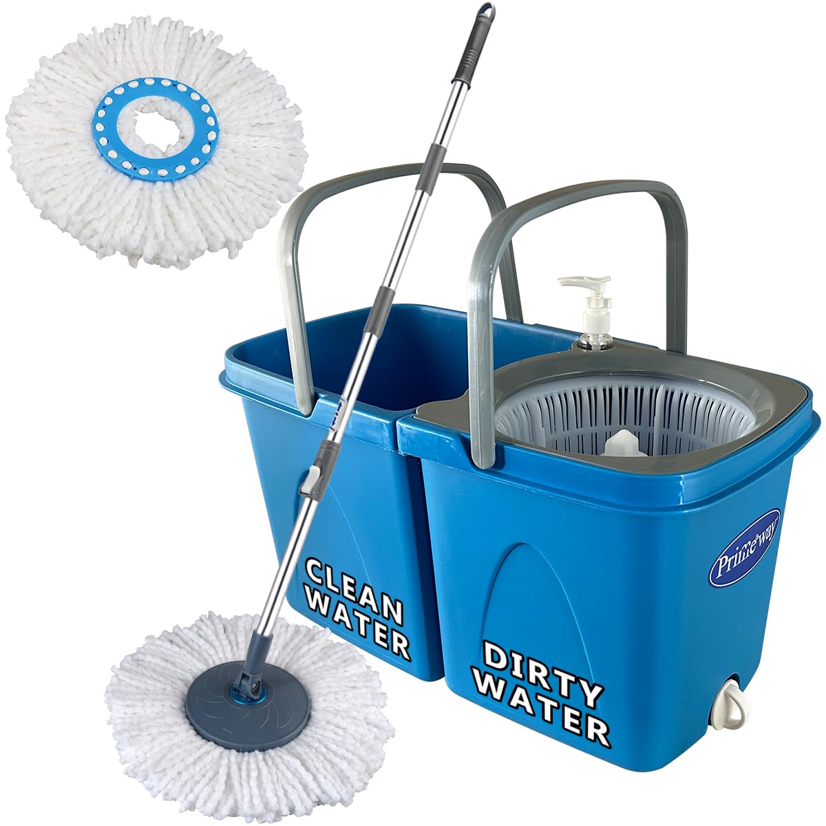 Primeway® Plastic SS Twin Bucket Spin Mop with 2 Microfibre Refills 34cm | Floor Cleaning Mop Stick with Bucket for Home Office | Clean and Dirty Water Separate Buckets | 6 LTR | Blue