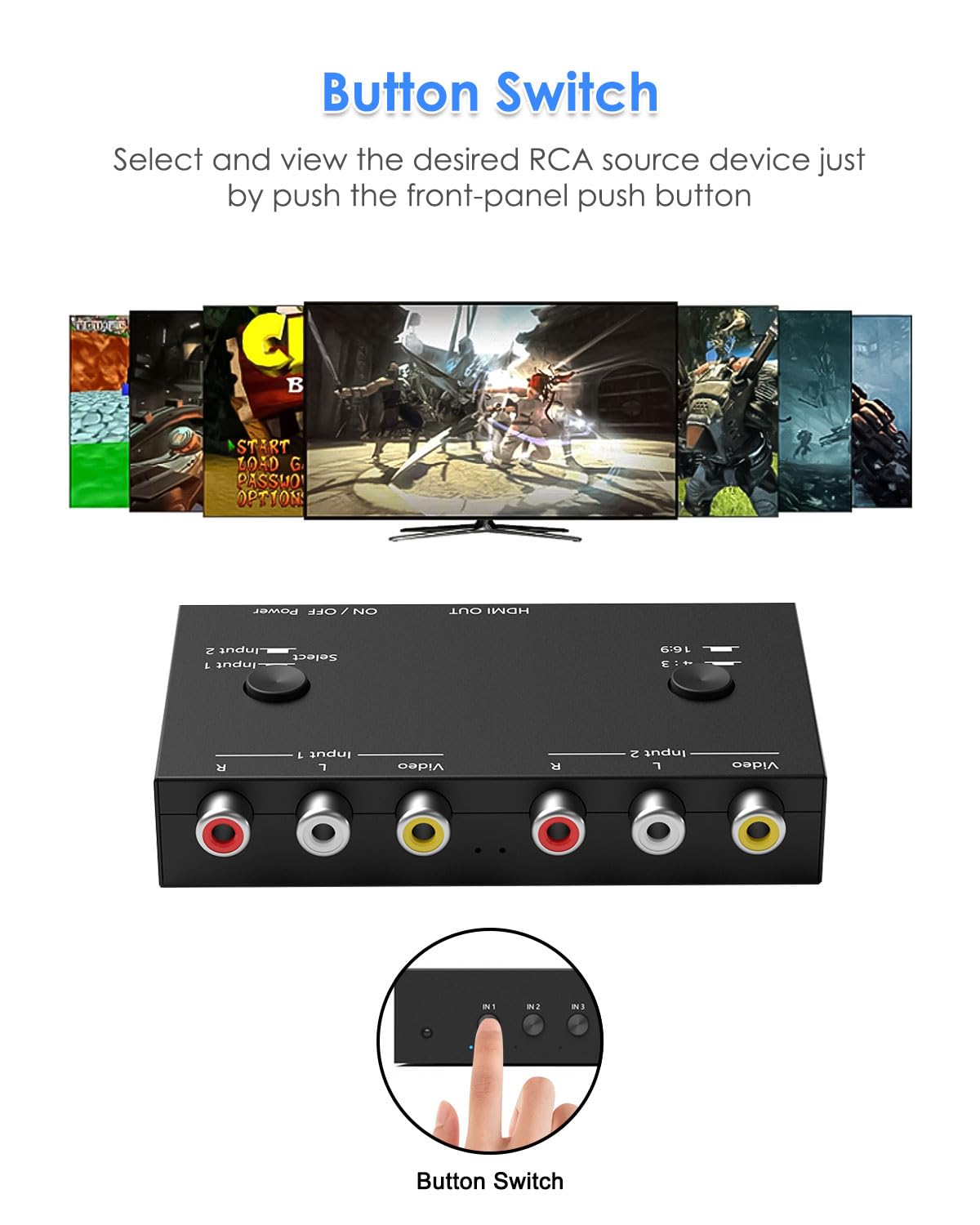 Convertidor RCA a HDMI de 2 puertos, convertidor dual AV a HDMI compatible con adaptador compuesto 16:9/4:3 a HDMI, compatible con 1080P PAL/NTSC compatible con Sega/Xbox/PS1/PS2/PS3/WII/N64/VHS, VCR