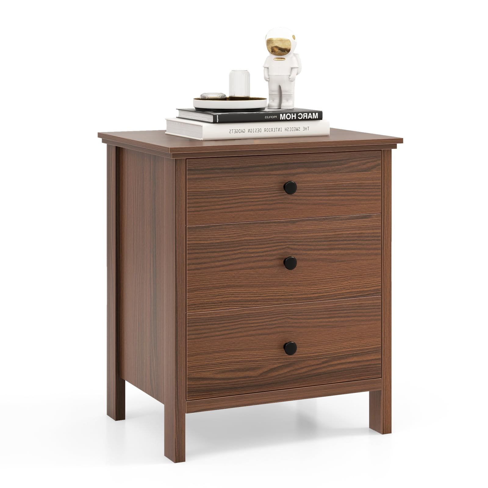 Giantex Nightstand with 3 Drawers, Wooden Side End Table with Solid Wood Legs, Retro 3-Drawer Bedside Table Night Stand for Bedroom Home Office Small Space, Easy Assembly, Brown