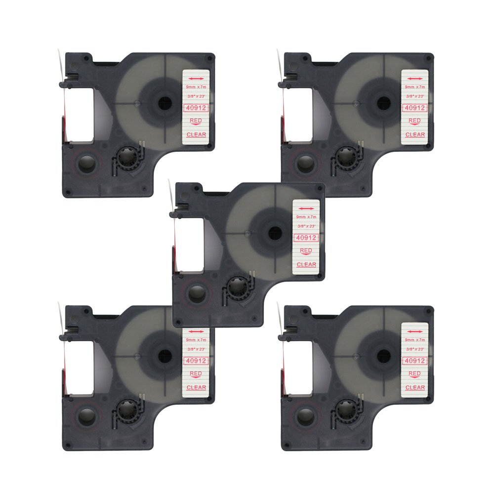 BROVACS 5 Pack Red on Clear Label Tape Compatible for DYMO D1 40912 9mm 3/8" OPA2112x5