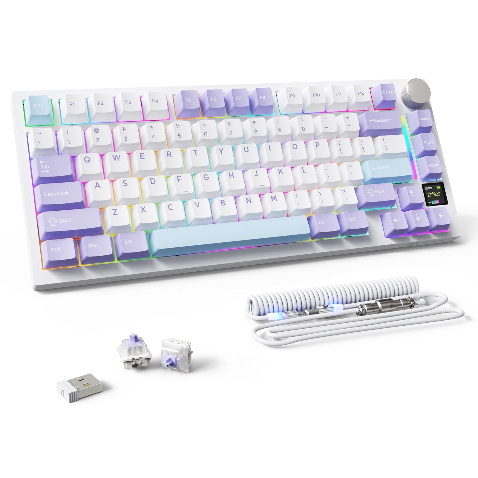 MAMBASNAKE Attack Shark X820 Ultra Klawiatura Gamingowa Mechaniczna, Bezprzewodowa BT/2.4G/USB-C, QWERTY TKL 75% Gasket Hot Swap, Wyświetlaczem TFT, LIGHTSYNC RGB, Spiralny Kabel - Gift Switch/Purple
