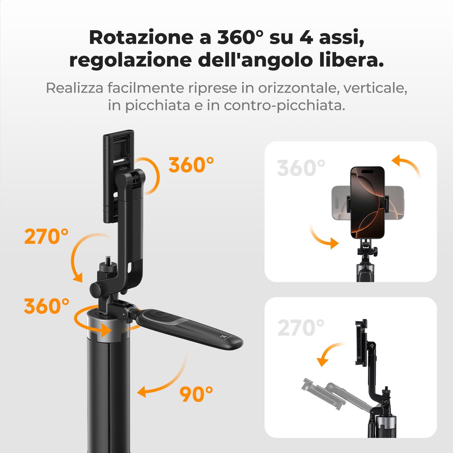 K&F CONCEPT 177cm Treppiede per cellulare, Adatto per DJI OSMO POCKET 4&3, 4 Gambe e Maniglia Stabilizzatrice, Telecomando Bluetooth, Rotazione 360°, Bastone Selfie per iPhone e Android, Viaggi e Vlog