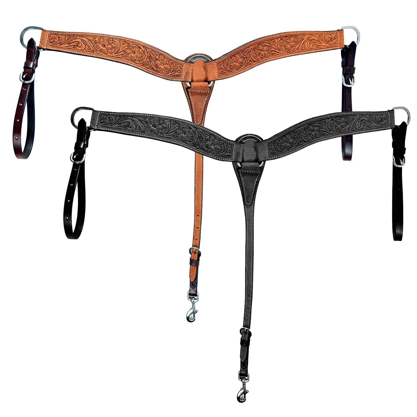 Collier de poitrine en cuir véritable avec motif floral, selle de cheval occidentale, marron, noir, noir, 7,6 cm