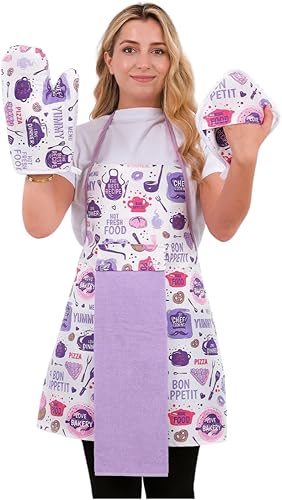 Miniatura 7 de Juego de 4 delantales de cocina, resistente al agua y a las manchas, tela transpirable, guantes y guantes para horno, soporte para ollas, toalla