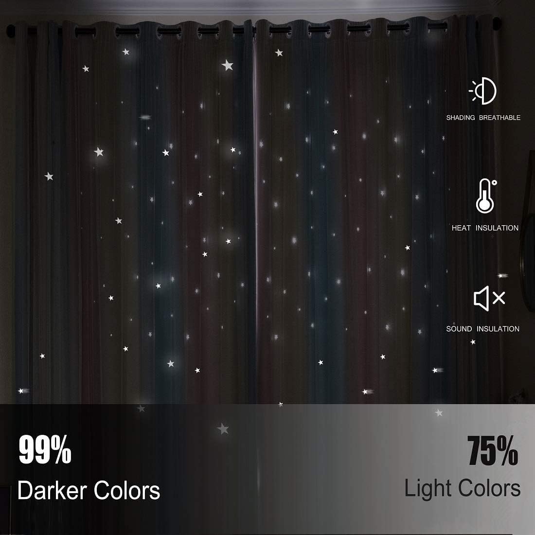 UNISTAR 2 Panels Star Blackout Curtains for Kids Girls Bedroom Aesthetic Living Room Colorful Double Layer Cut Out Stripe Pink and Blue Rainbow Window Home Decoration Curtain W42 x L63 Inches