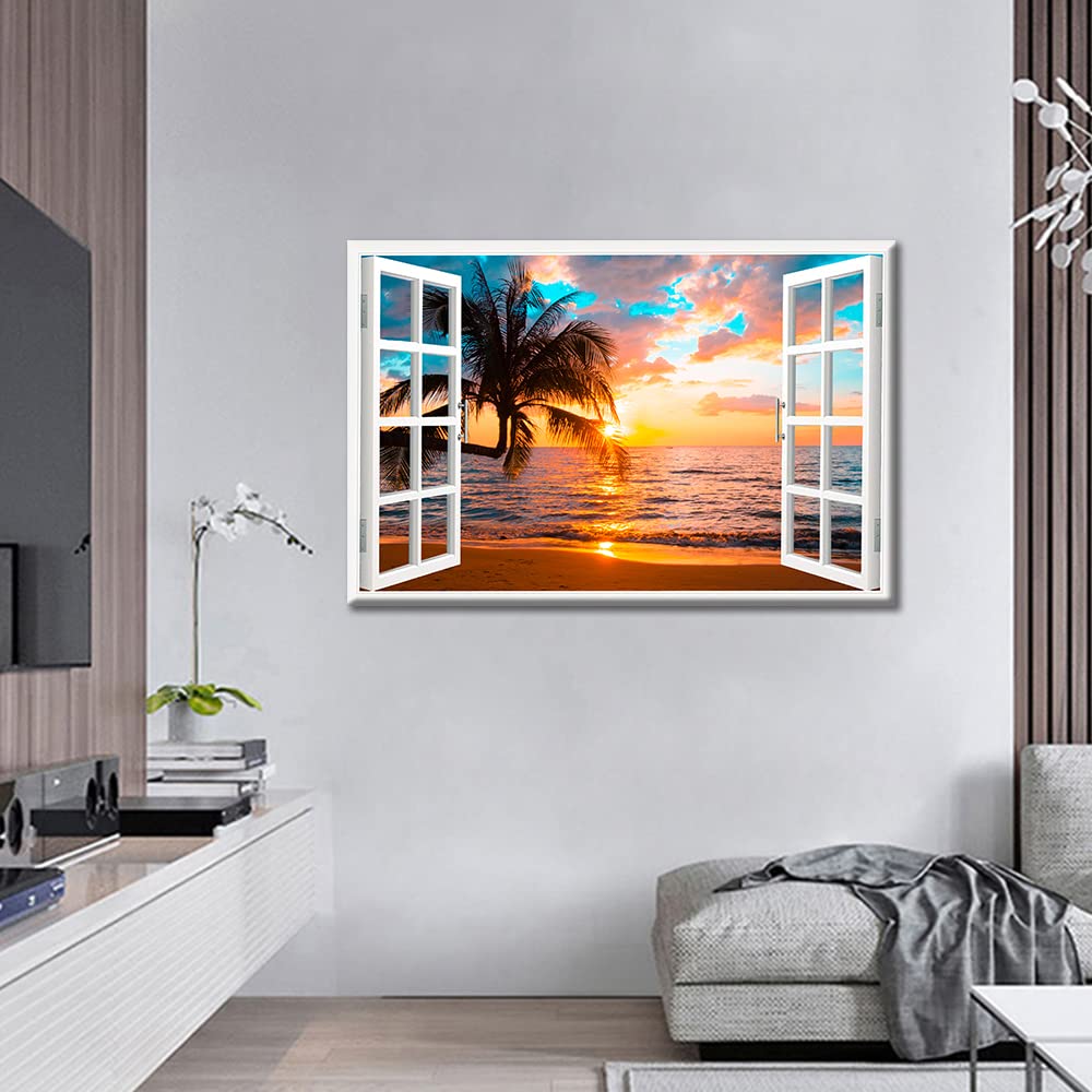 TISHIRON 3D Window Effect Coconut Palm Trees Beach Sunset Canvas Wall Art Painting for Bedroom Living Room Modern Framed Artworks Decorative Bathroom Kitchen Home Decor 16x24 inch - Image 2