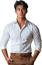 Camisa social masculina de manga comprida elástica e sem rugas com design de botão