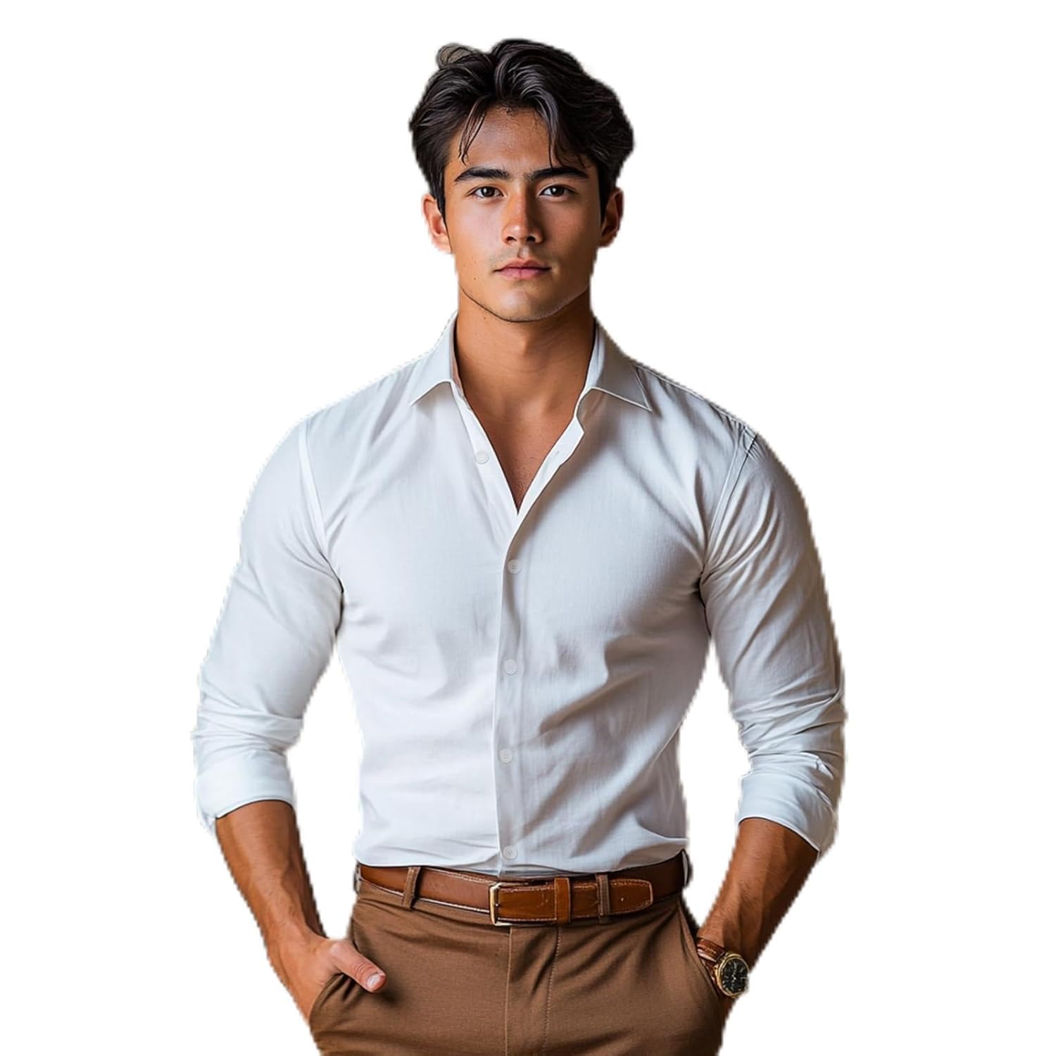 Camisa social masculina de manga comprida elástica sem rugas para negócios formal com botões, A – Branco, M