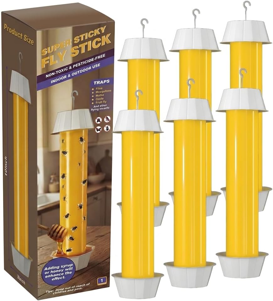 Sticky Fly Traps Indoor Outdoor 6 Pack, Super Sticky Hanging Hook Non-Toxic Fruit Fly Traps for Wasps Insects Moths Mosquitoes Fruit Flies Spiders Fleas Bugs and Gnats,Family and Pet Safe