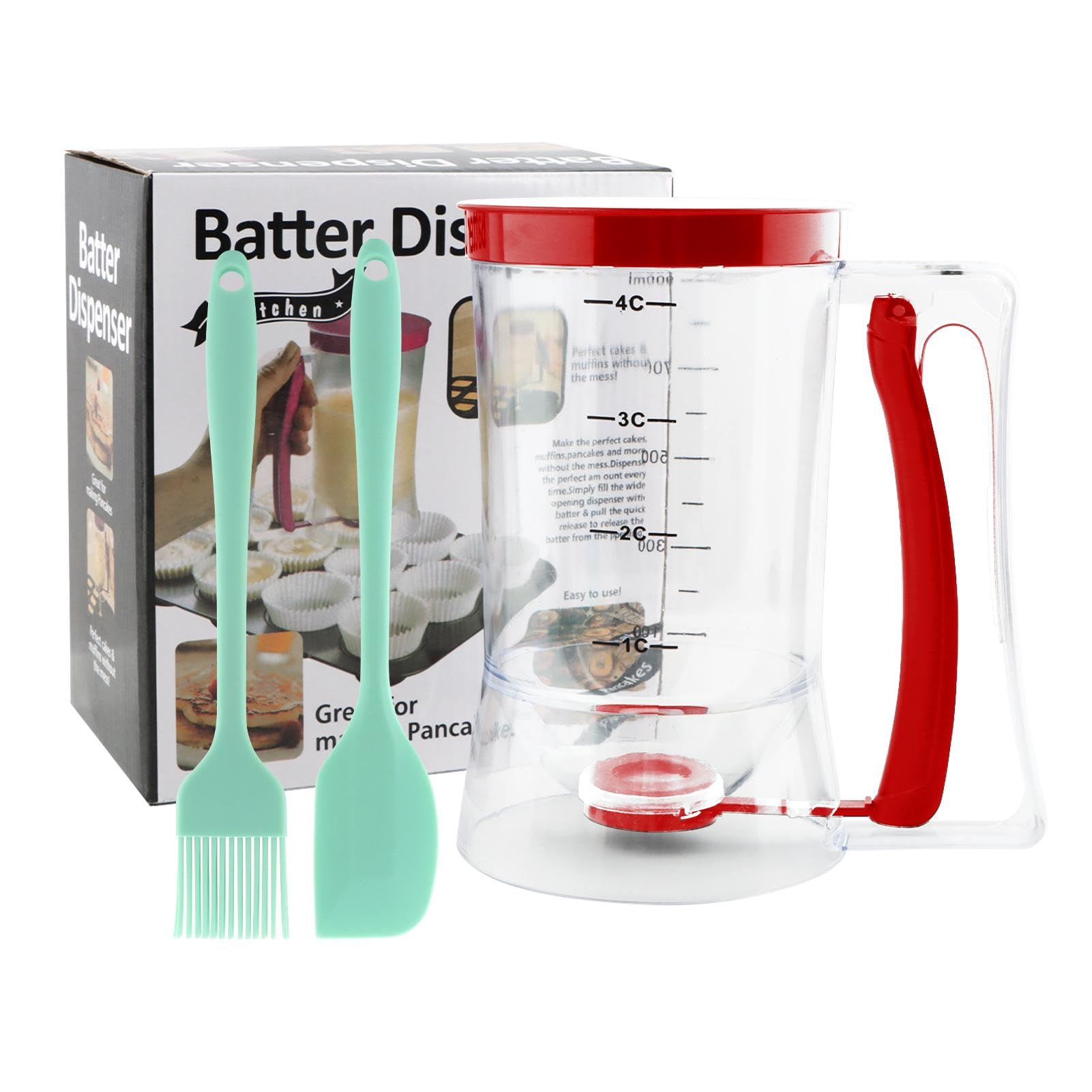 Pancake Batter Dispenser, Cupcake Batter Dispenser with Squeeze Handle & Oil Brush and Scraper, Baking Tool for Precise Portion Control, for Pancakes Cupcake, Waffle, Muffin Mix(Red)