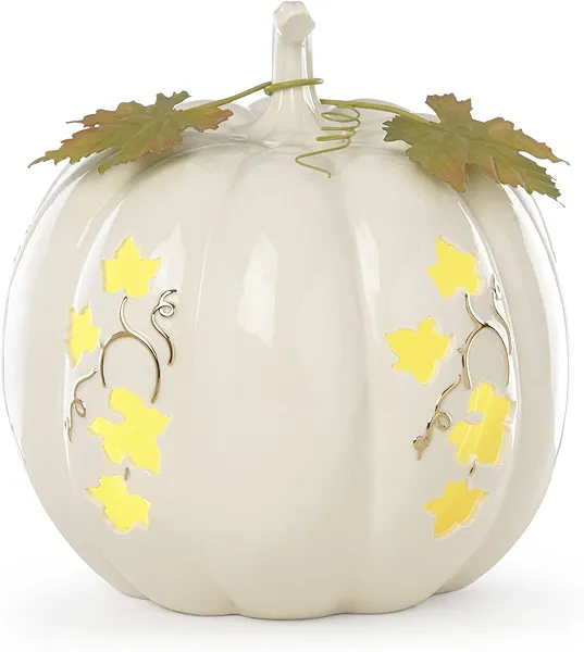Lenox Lighted Pumpkin Medium Centerpiece, 8.75-Inch Lighted, White, Halloween Table Decoration, Halloween Decor Indoor, Pumpkin Decor, Fall Decor for Home (White, 1 Piece) 3 AAA Batteries Not Included