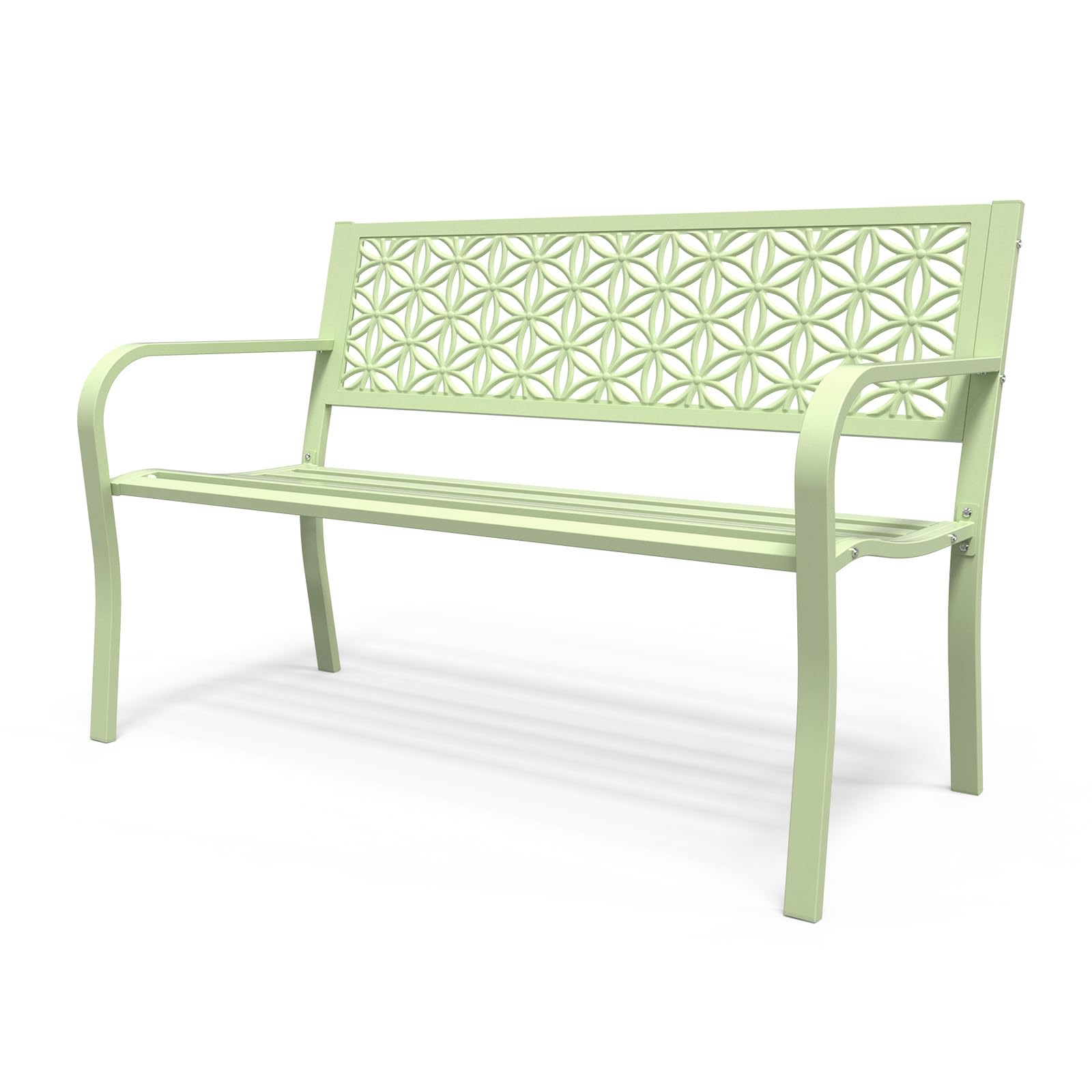 Bonnlo Gartenbank Metall Retro-Stil, wetterfeste Sitzbank für 2-3 Sitzer, Essbank mit Rückenlehne und floraler Armlehne, Gartenmöbel bis 360kg belastbar, Bänke für Garten Balkon Hof, Grün
