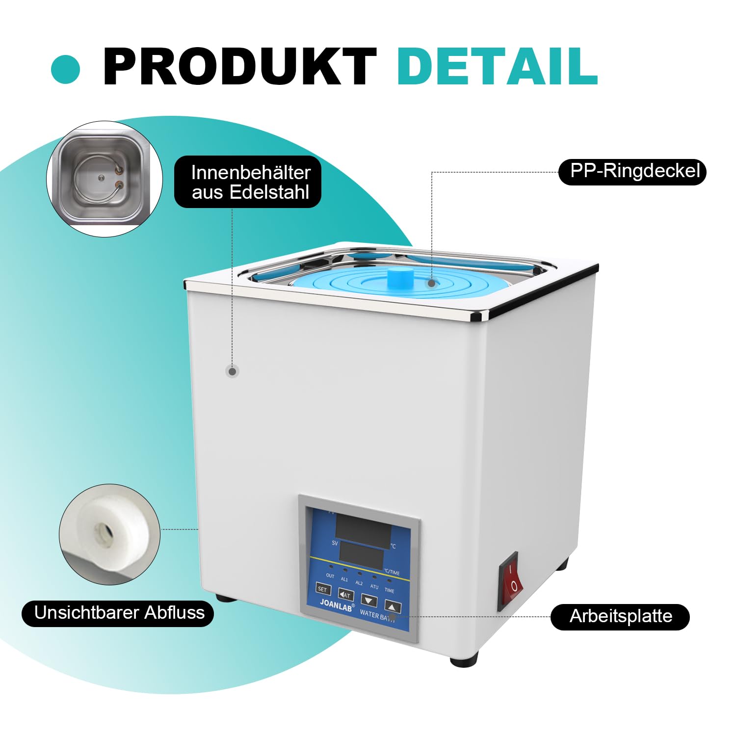 JOANLAB Laborwasserbad 3L, 300W - Einzelöffnung, Edelstahl - Präzises Thermostat ±0,1°C - Timer 0-99 Min - LED Display